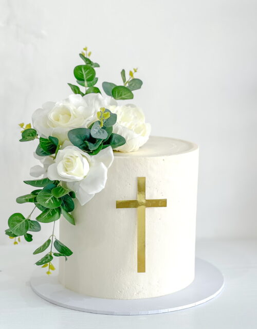 Smooth floral  communion / christening cake.